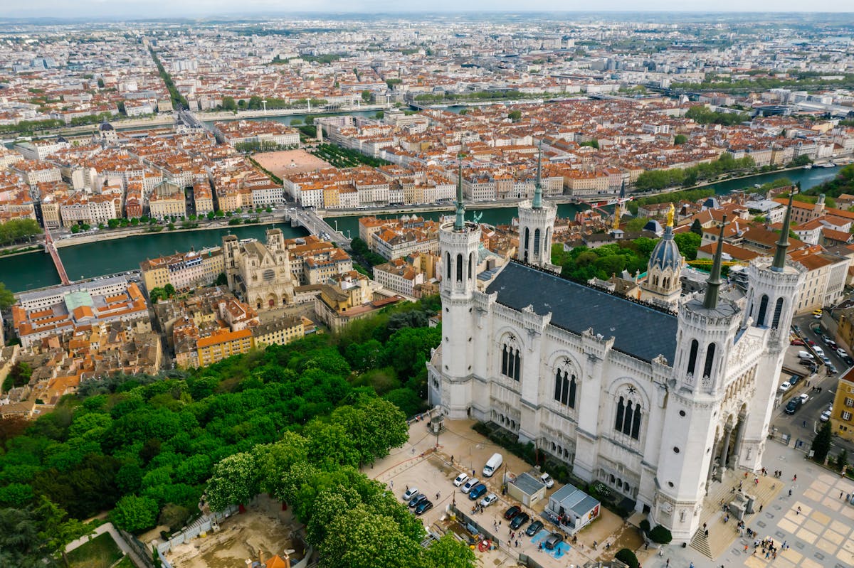 Aerial view of Lyon with Basilica of Notre-Dame de Fourviere