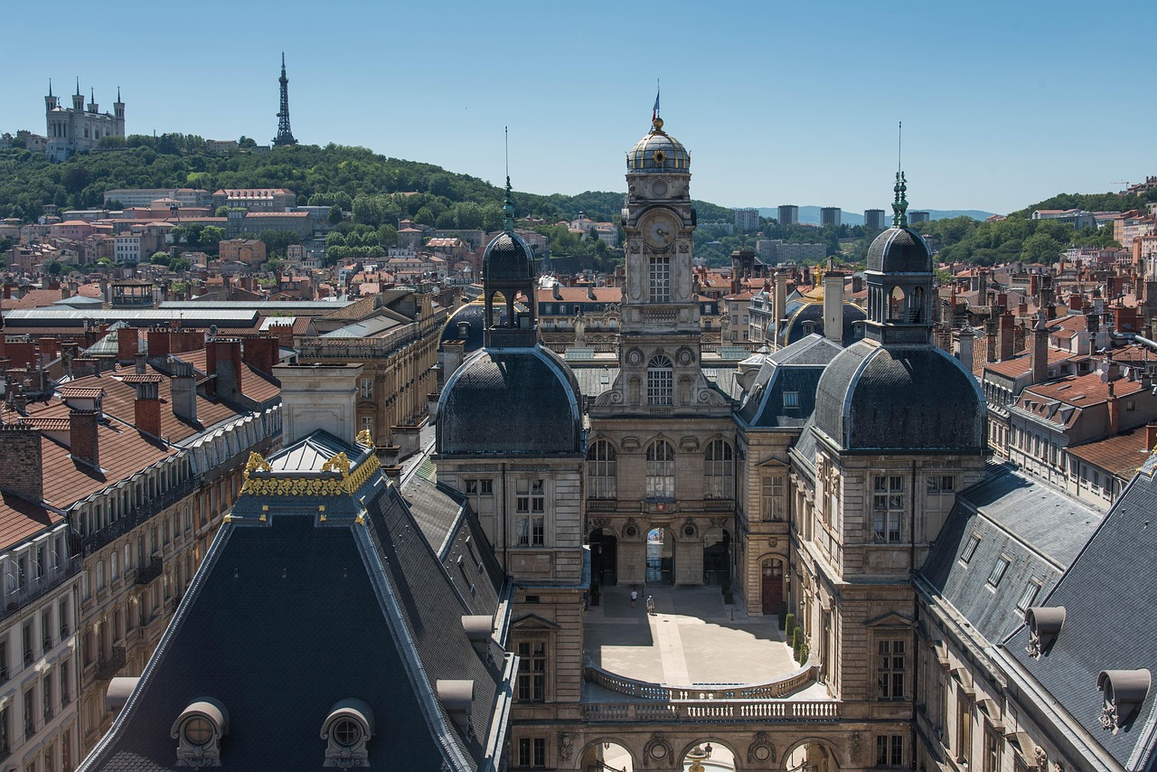 View of Lyon rooftops with Fourviere basilica and town hall