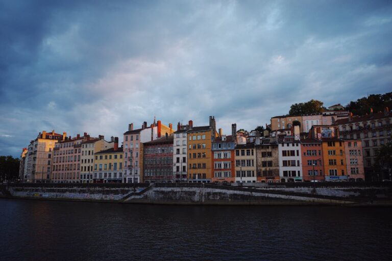 Colorful terraced buildings along the Saone River in Vieux Lyon
