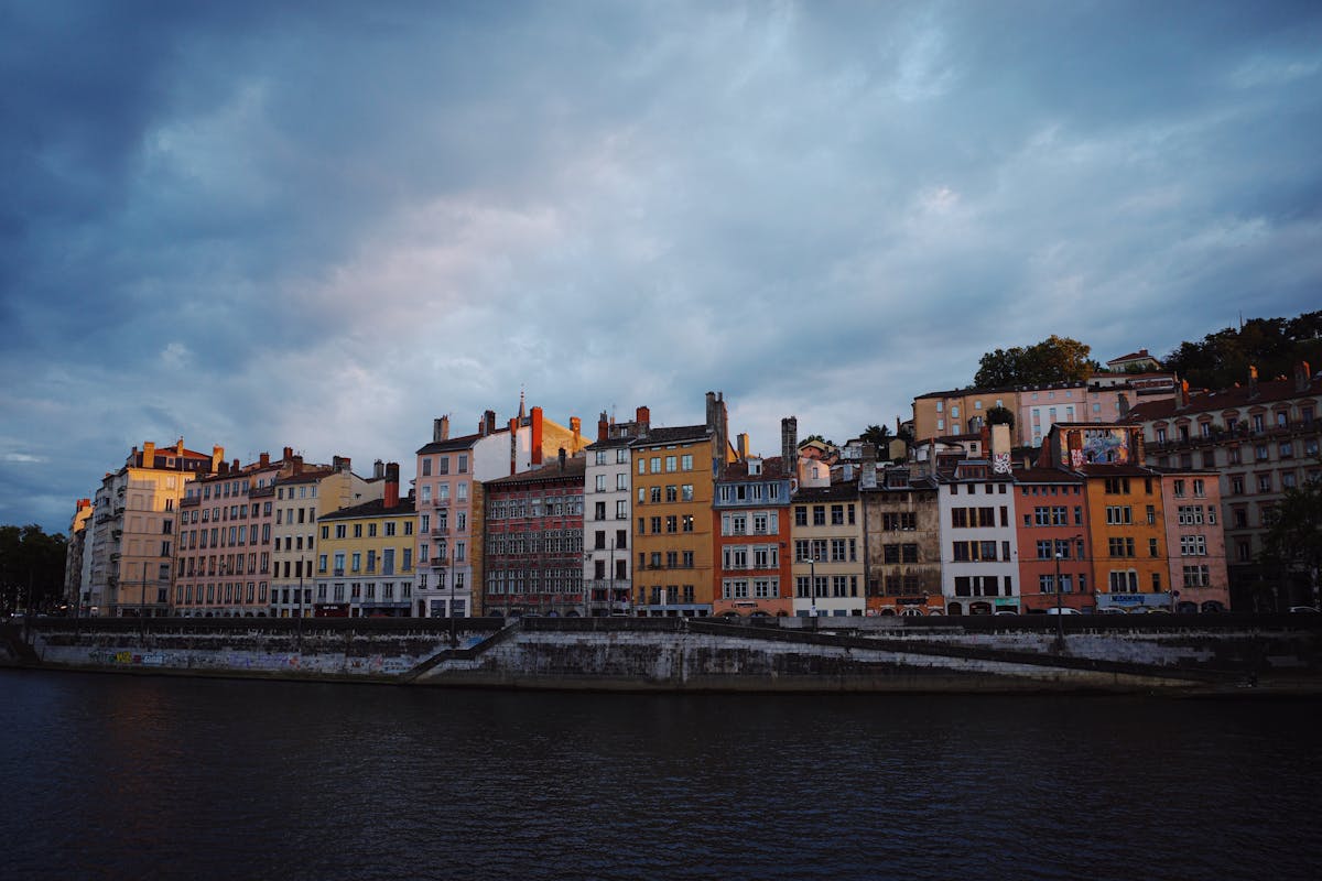 Colorful terraced buildings along the Saone River in Vieux Lyon