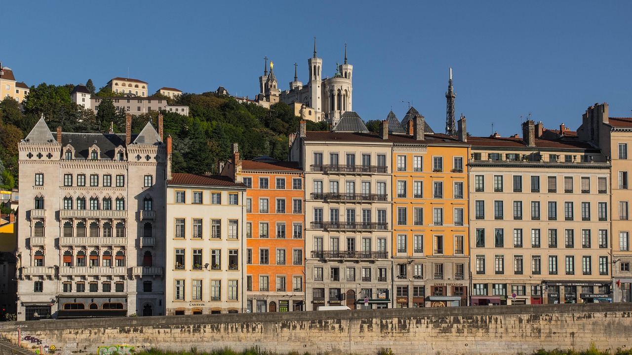 Lyon Saint-Jean quay along the Saone with basilica Fourviere above