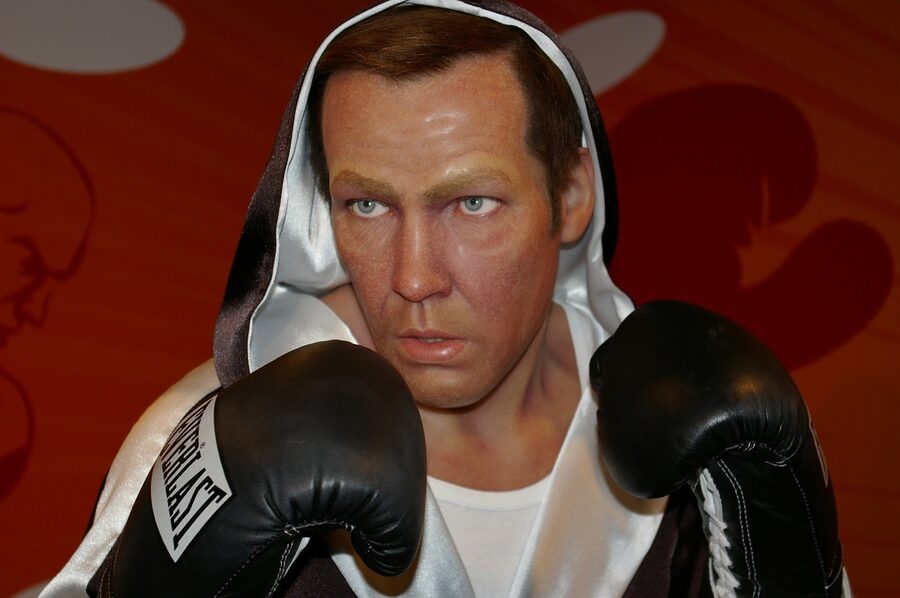Wax figure of a boxer in fighting stance