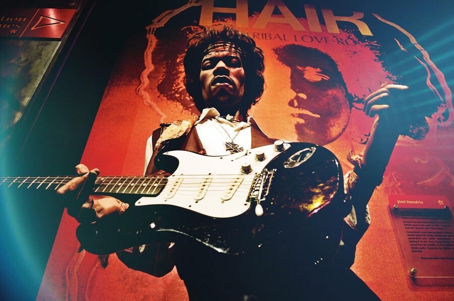 Wax figure of Jimi Hendrix with guitar