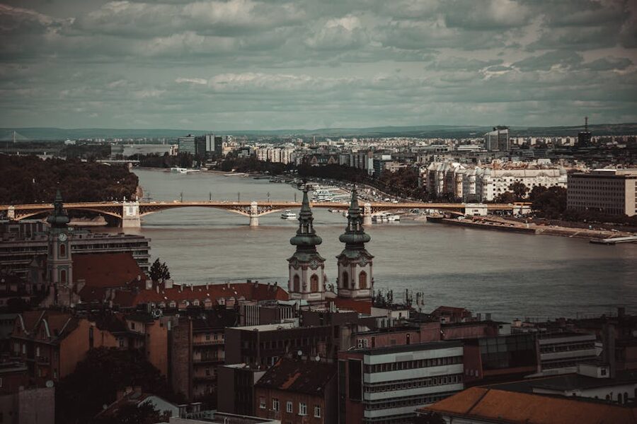 Aerial view of Margaret Bridge over Danube Budapest