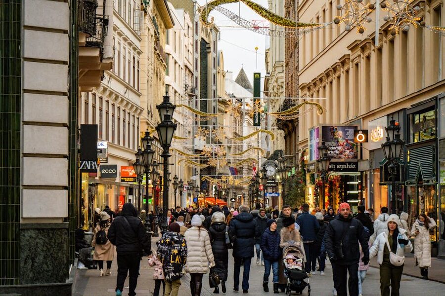 Shoppers on Vaci Street Budapest in winter