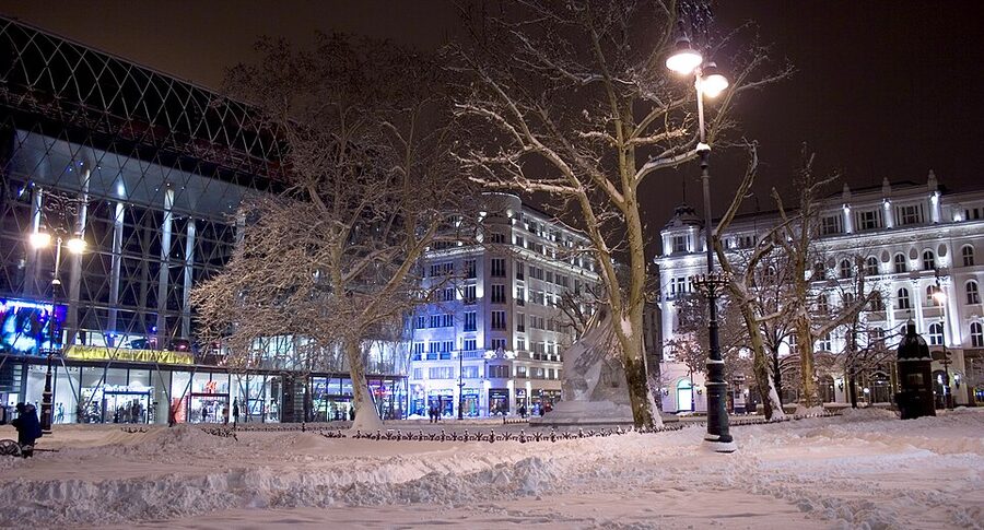 Vorosmarty Square Budapest snowy winter evening