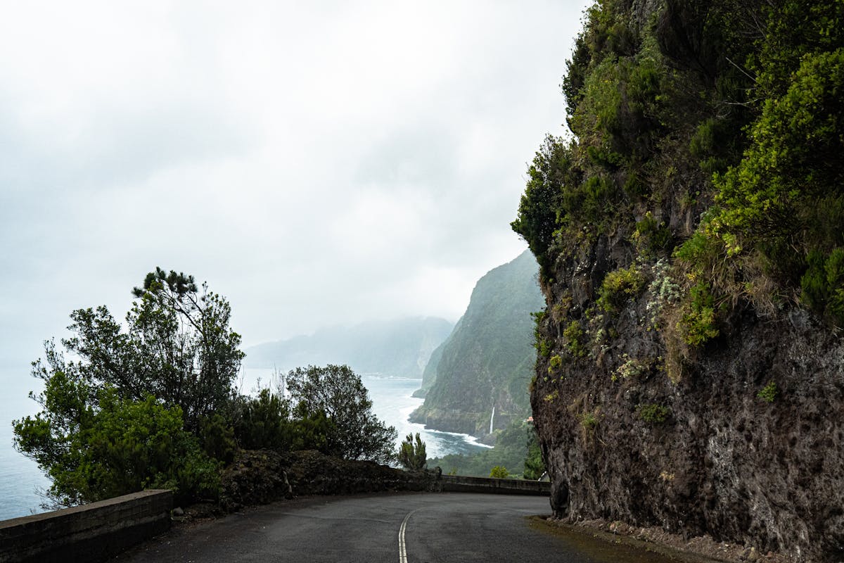 Winding road along a misty cliffside in Madeira with lush greenery and ocean below