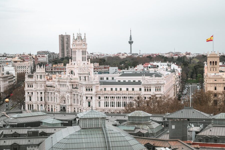Aerial view of Cibeles Palace and Madrid cityscape