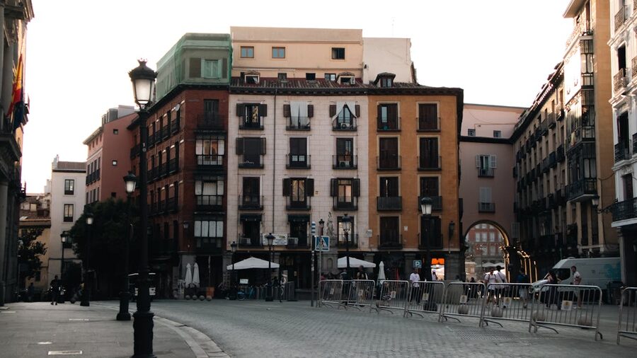A charming street in the old town of Madrid with historic buildings