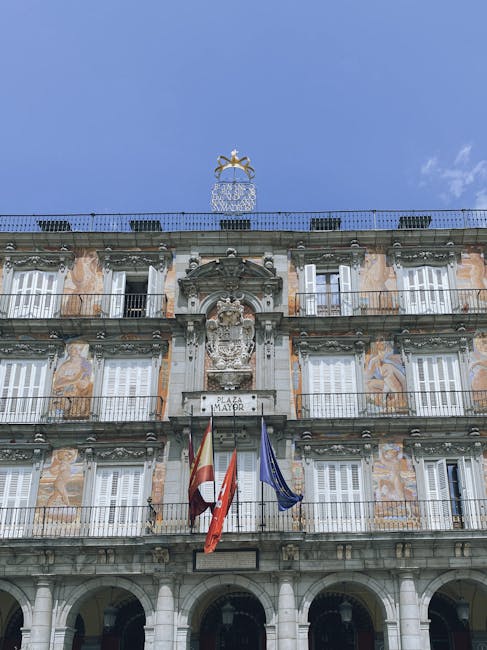 The painted frescoes on the facade of Casa de la Panaderia in Plaza Mayor Madrid