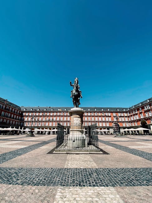 The equestrian statue of Philip III in Plaza Mayor Madrid with the surrounding arcaded buildings