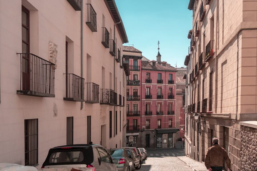 A quaint street in Madrid with classic Spanish architecture