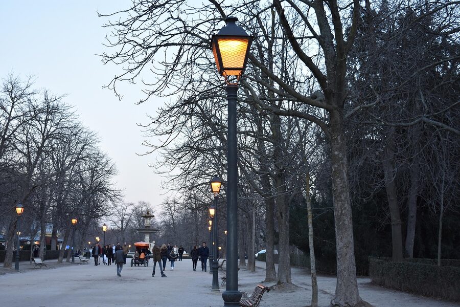 Retiro Park in Madrid illuminated at night with city lights