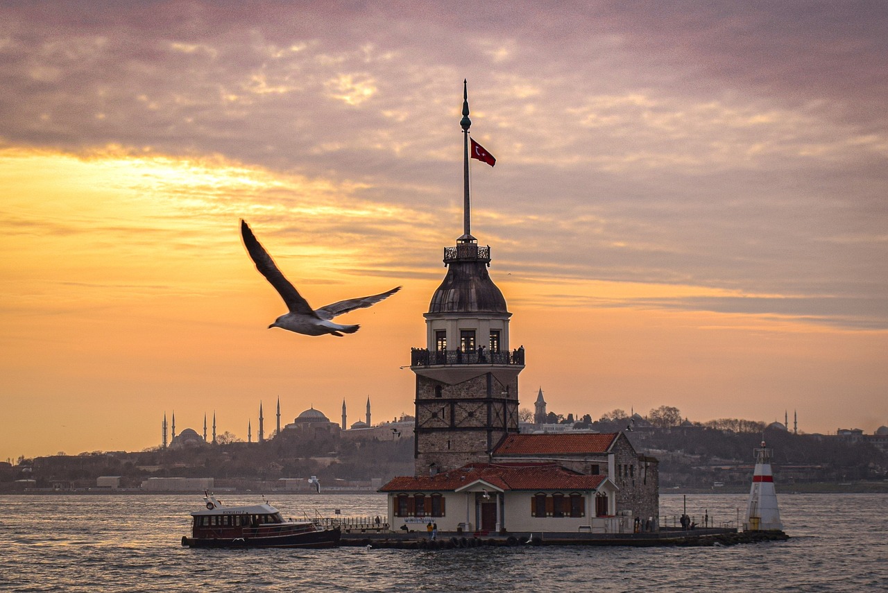 Maiden's Tower on its small island in the Bosphorus with the Istanbul skyline behind it