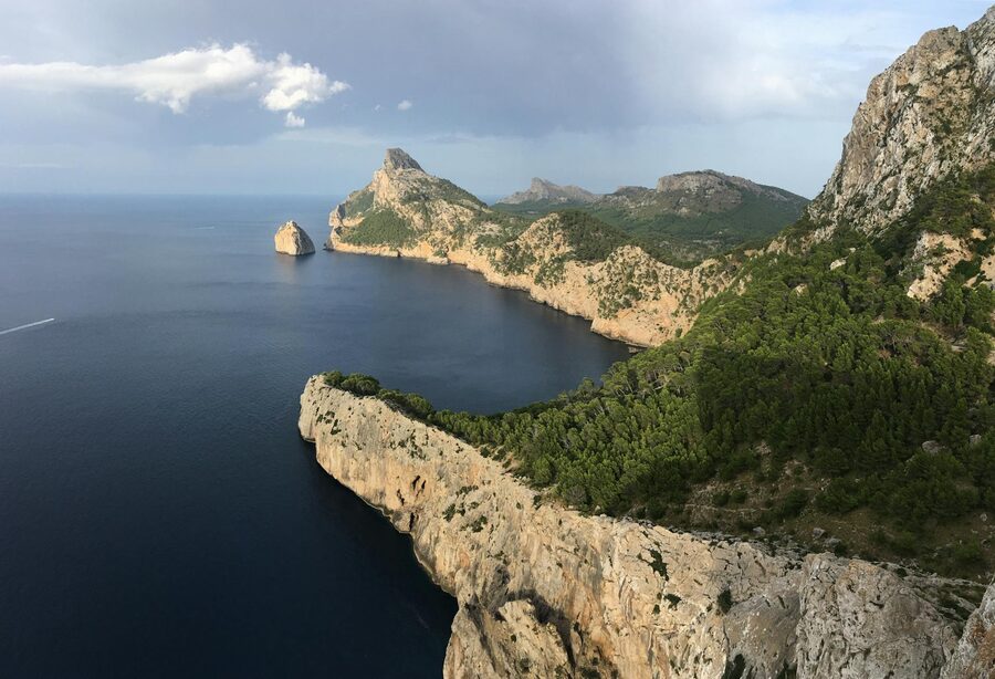 Aerial view of Mallorca rugged green coastline meeting clear blue sea
