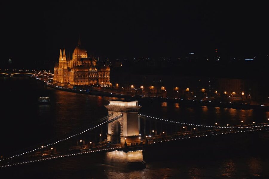 Budapest Chain Bridge and Parliament at night across the Danube