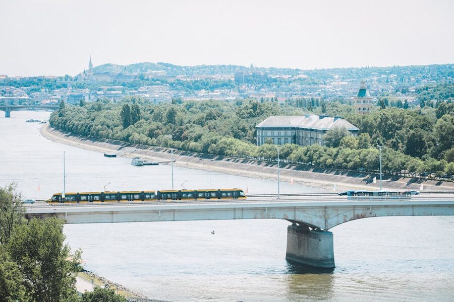 Margaret Bridge with tram crossing Danube River Budapest