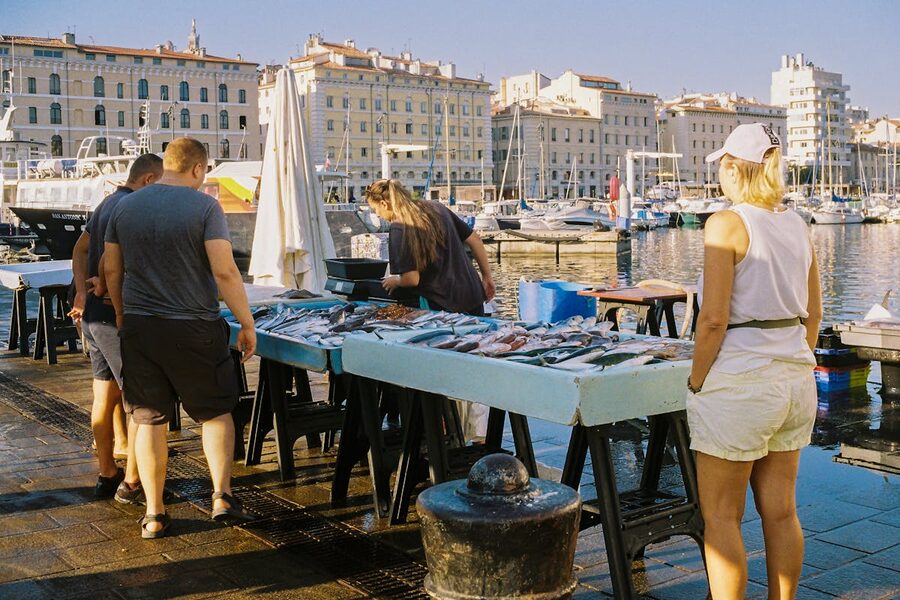 Fresh fish market stalls along the Vieux-Port in Marseille France