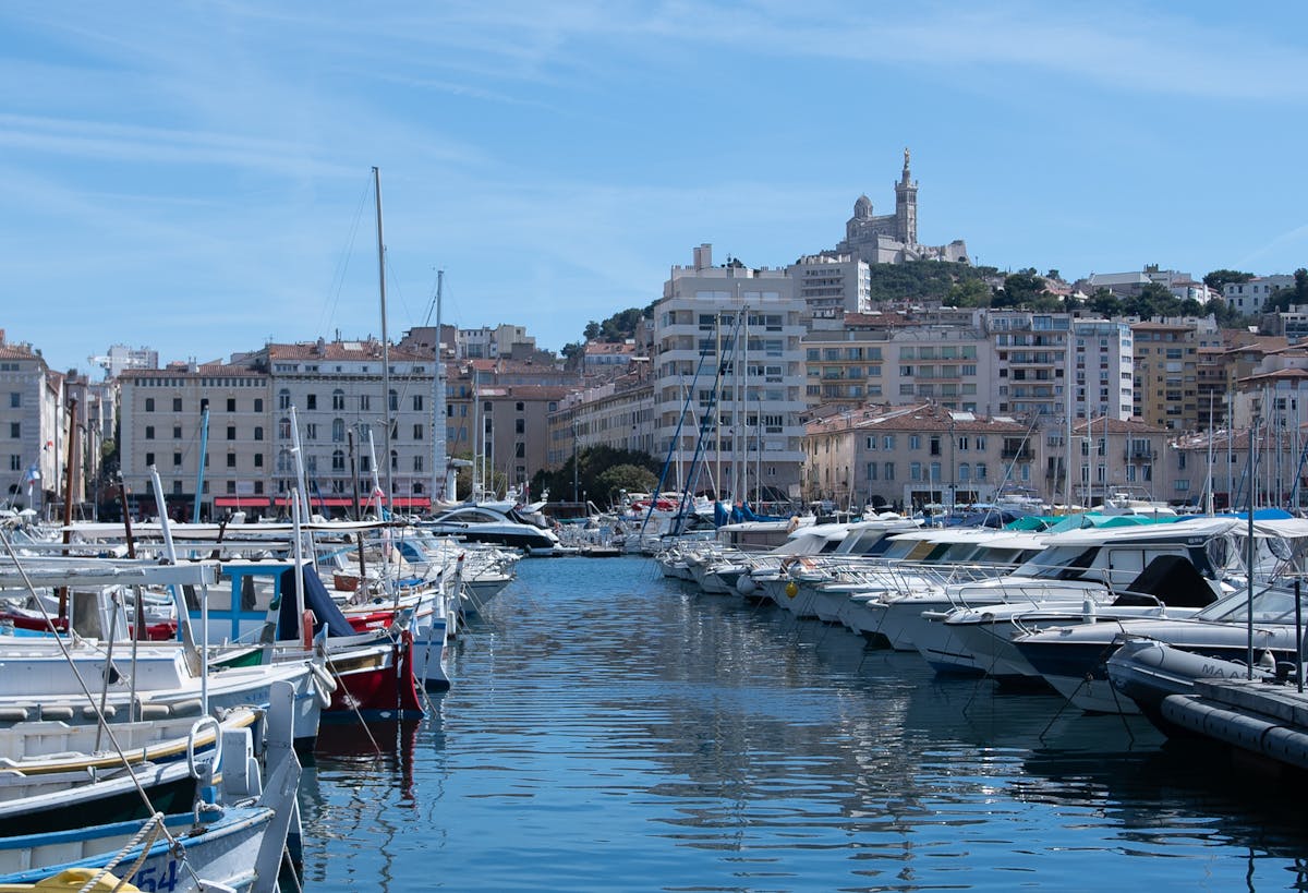 Marseille Vieux Port with yachts and Notre-Dame de la Garde