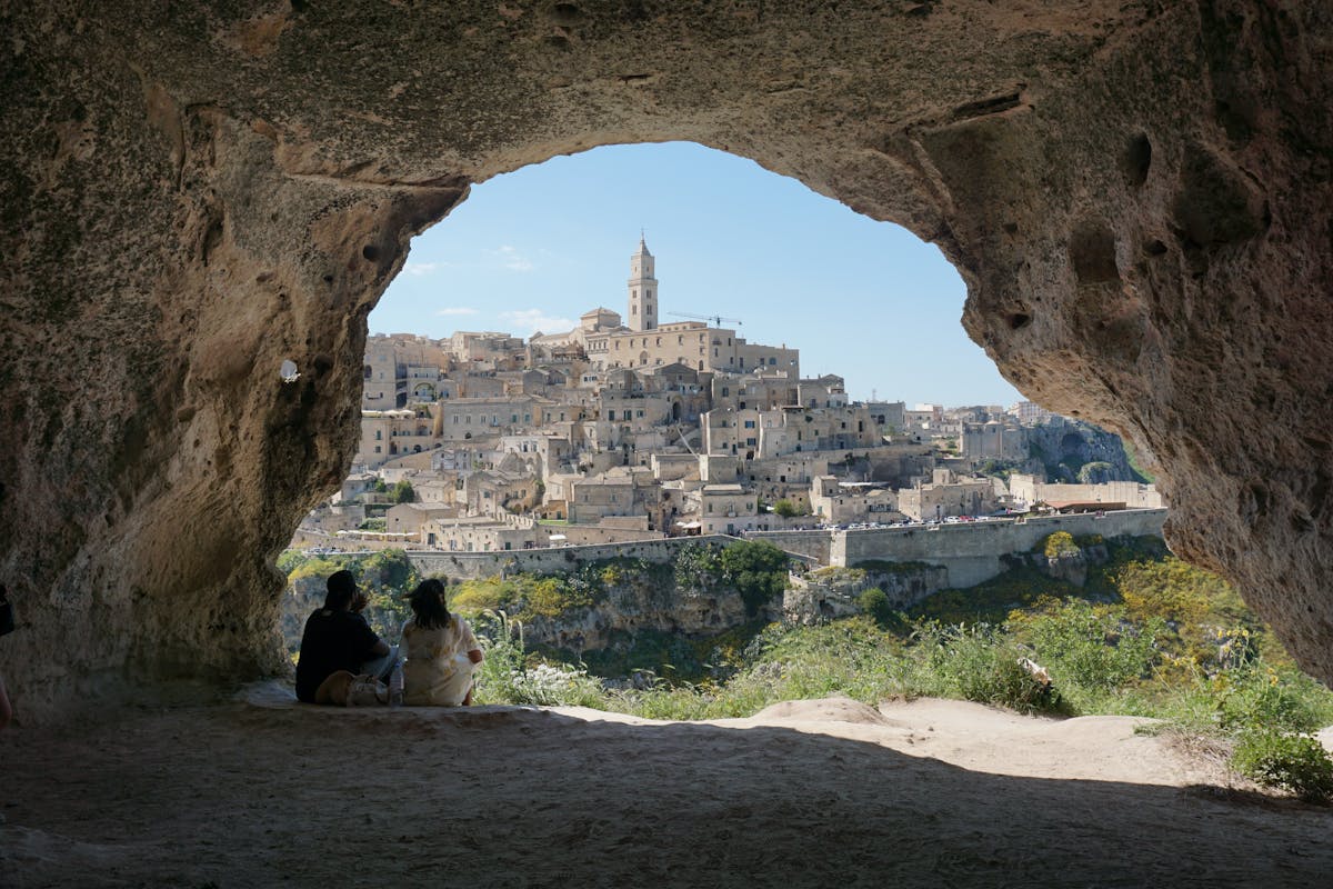 Historic cave houses carved into limestone in Matera Italy
