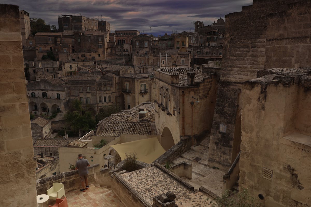 The skyline of Matera glowing warm during sunset