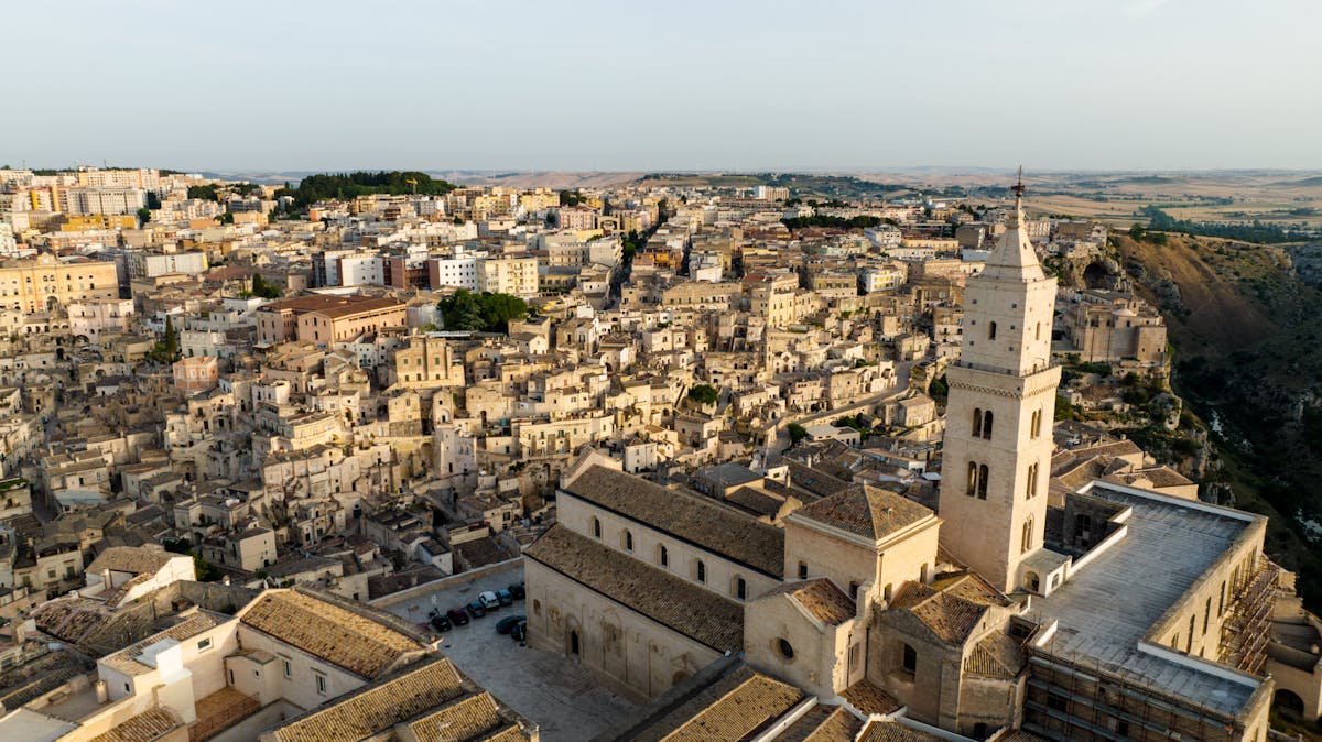 Wide panoramic view of the entire ancient city of Matera from across the valley