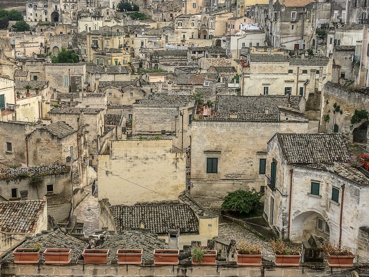 Panoramic view of Matera perched above the gravina ravine in southern Italy