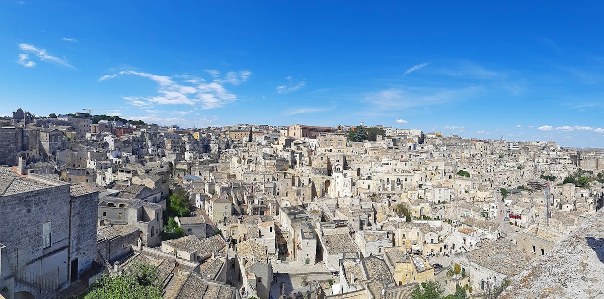 The deep gravina ravine cutting below the ancient city of Matera