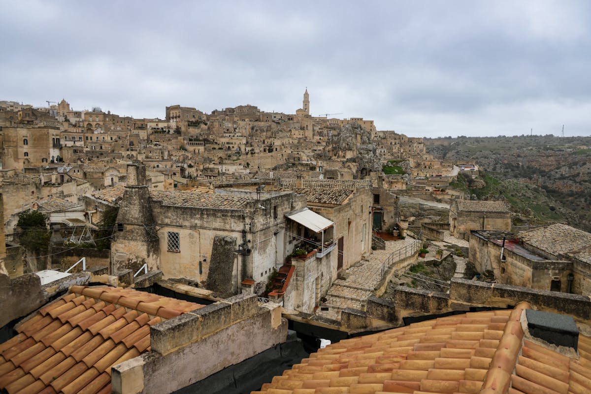 Detailed view of Sassi cave houses stacked on a hillside in Matera