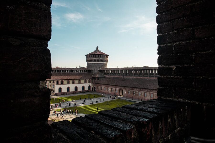 View of Castello Sforzesco castle in Milan with historical tower
