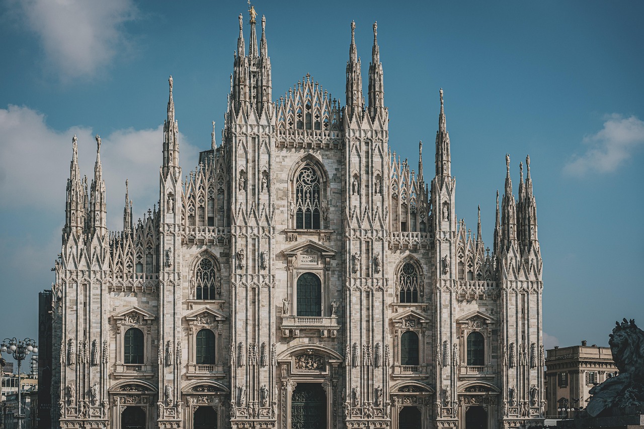 Facade of Milan Duomo cathedral with Gothic architecture