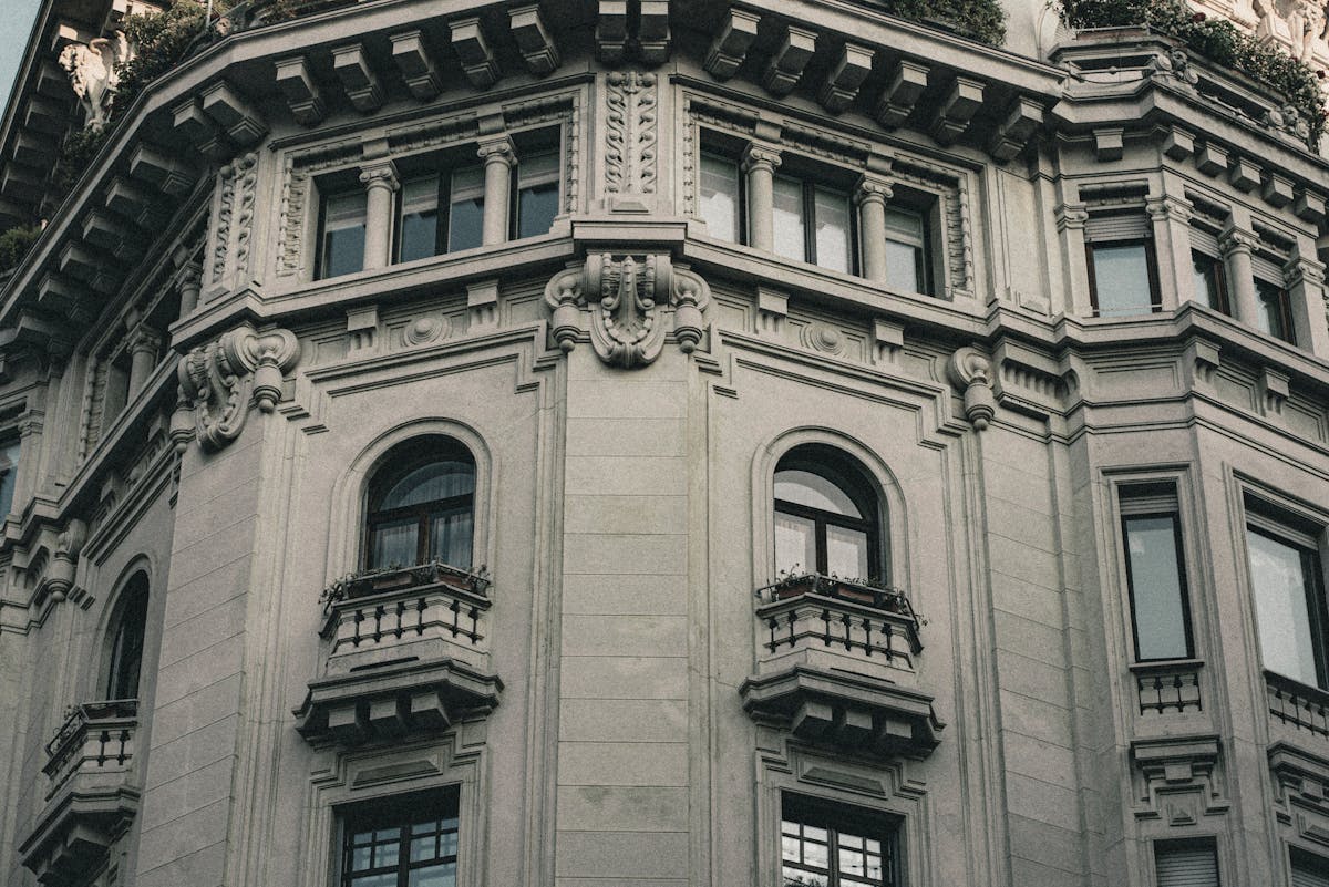 Intricate facade of a historic building in central Milan Italy