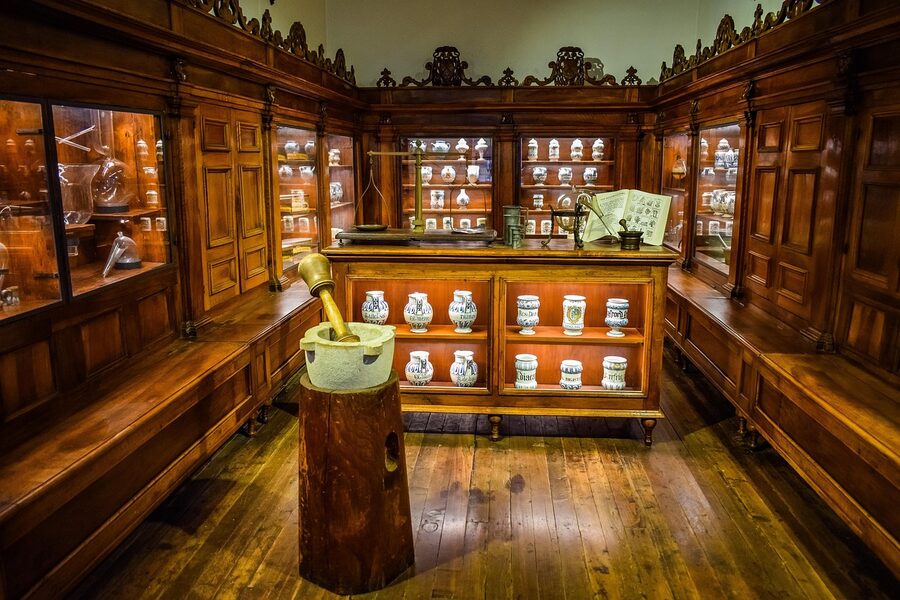 Vintage pharmacy exhibit inside the Milan Museum of Science and Technology