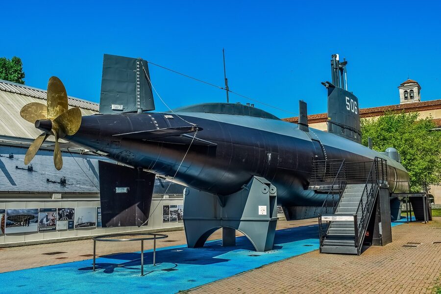 Submarine on display outside the Milan Museum of Science and Technology