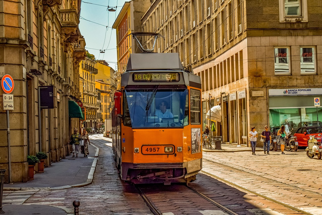 Vintage tram in Milan city streets