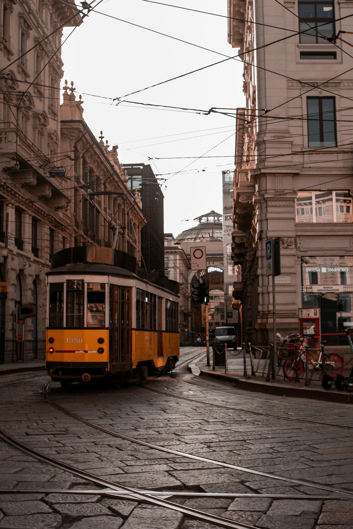 Historic tram on a Milan city street