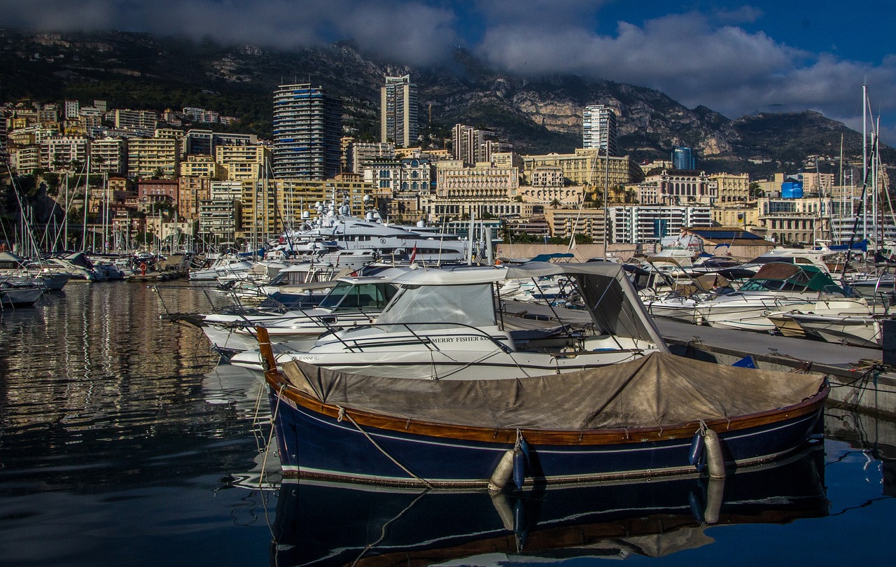 Monaco marina with sailboats and the Alps foothills in the background