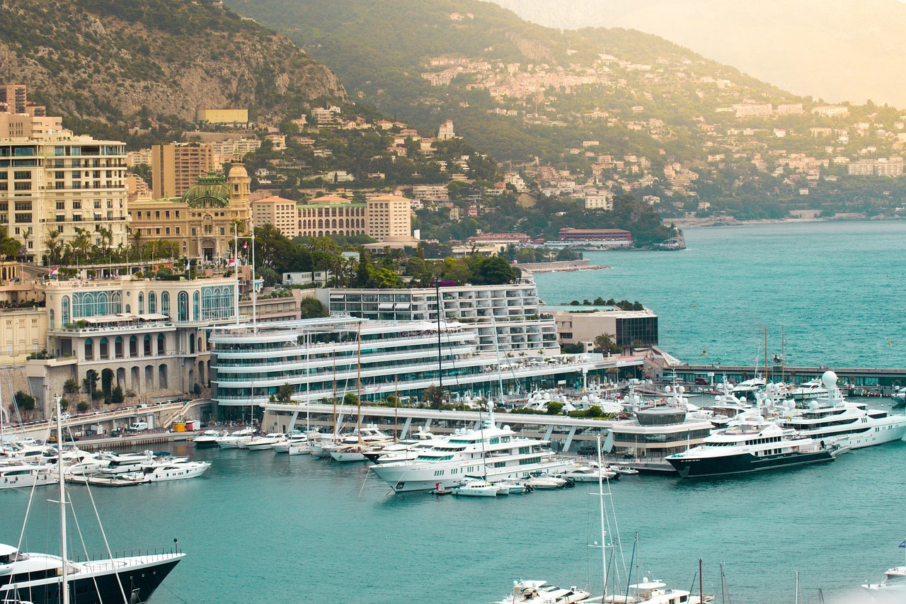 Aerial view of Monaco harbor and the Mediterranean coastline