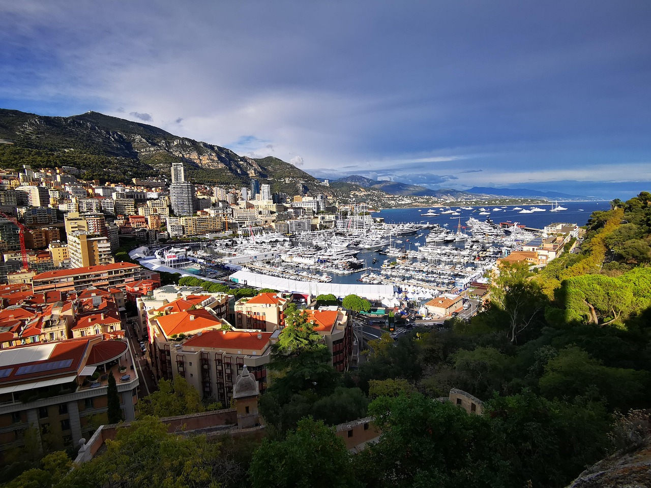Monaco Port Hercule filled with luxury yachts against the city skyline