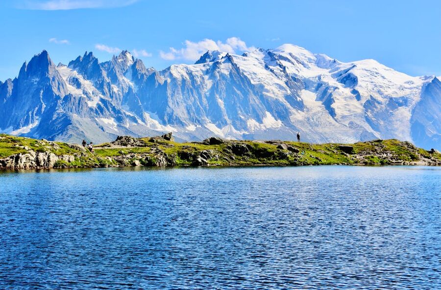 Mont Blanc snowy peaks with lake reflection