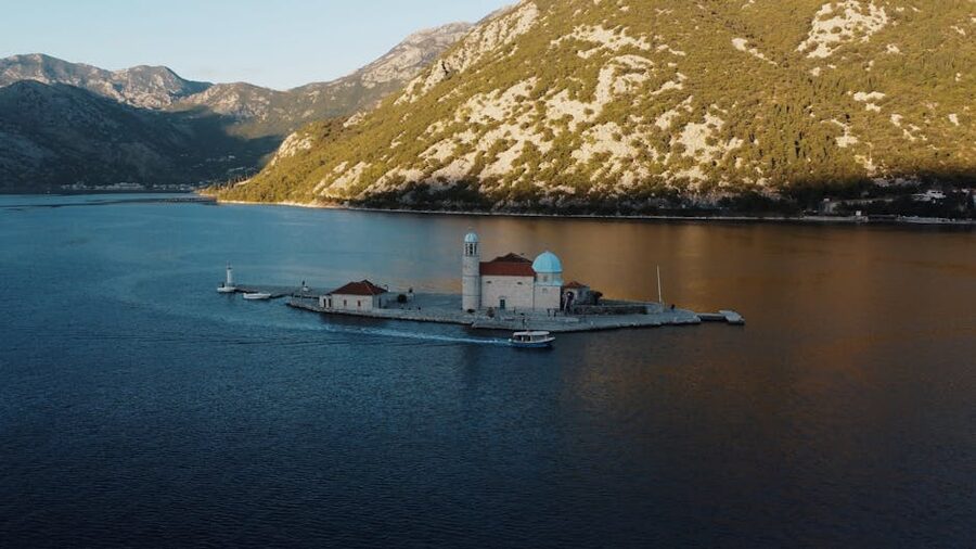 Our Lady of the Rocks island Perast aerial