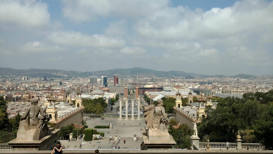 Sunny view of Montjuic hill and gardens in Barcelona