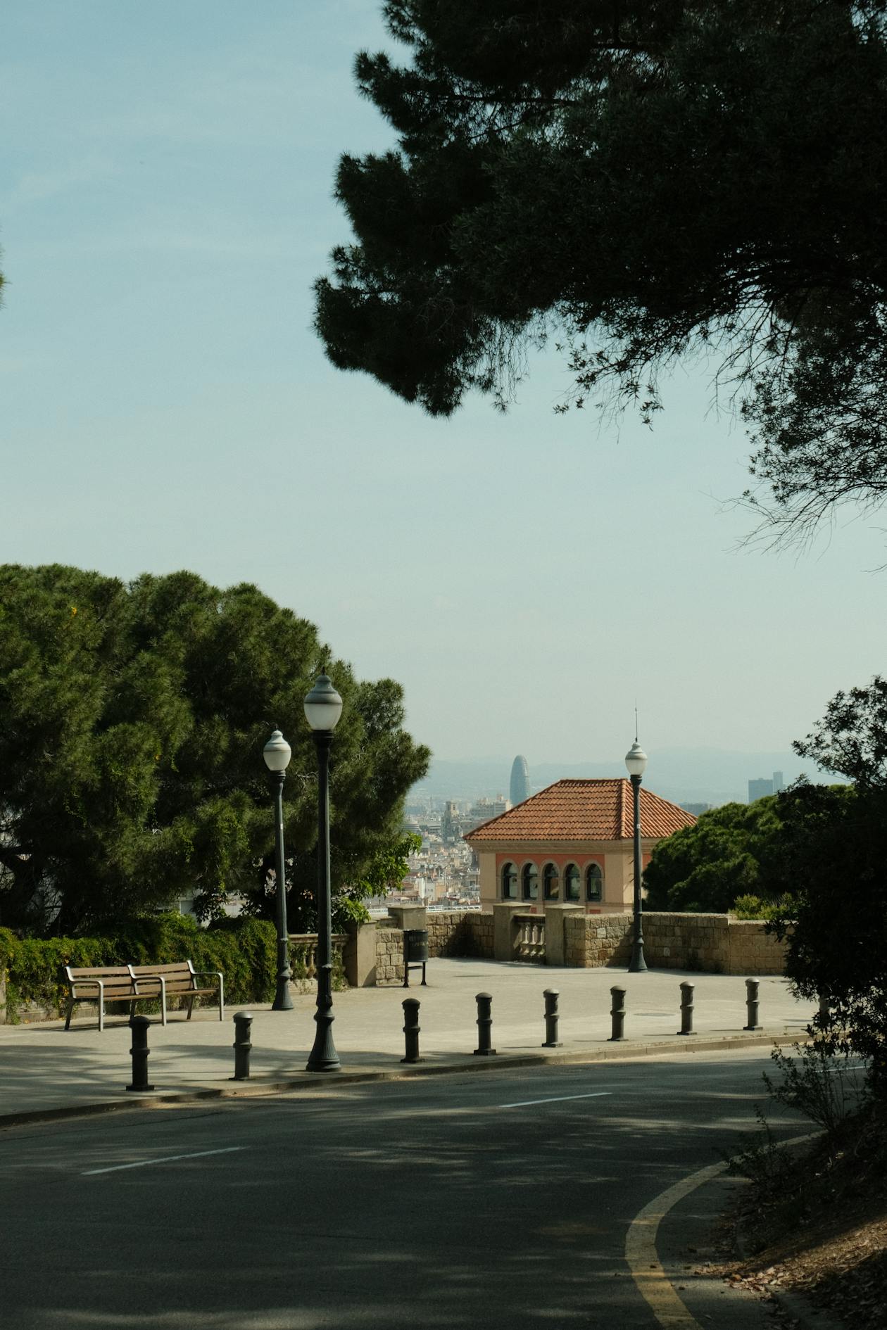 View from Montjuic hill through trees looking over Barcelona cityscape