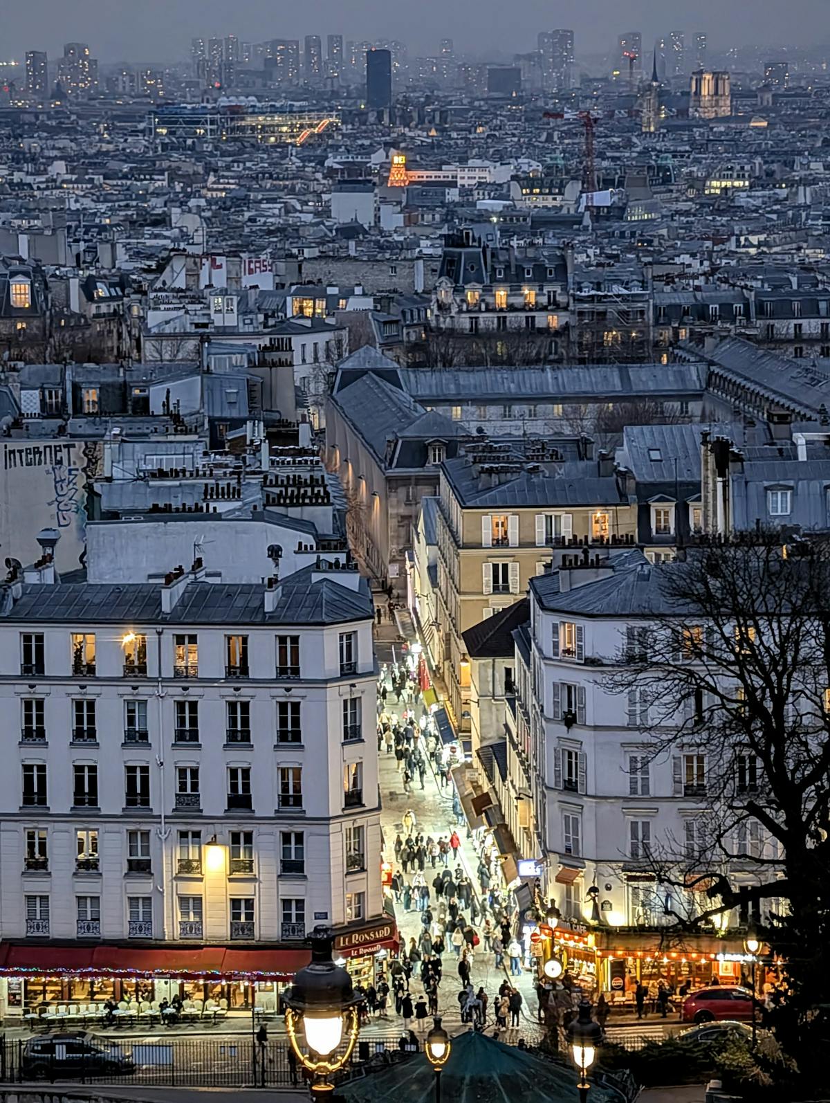 Evening light over the rooftops and streets of Montmartre in Paris