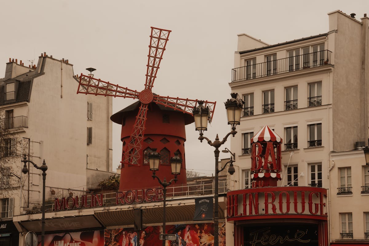Close-up of the Moulin Rouge red windmill against the Paris sky in Montmartre