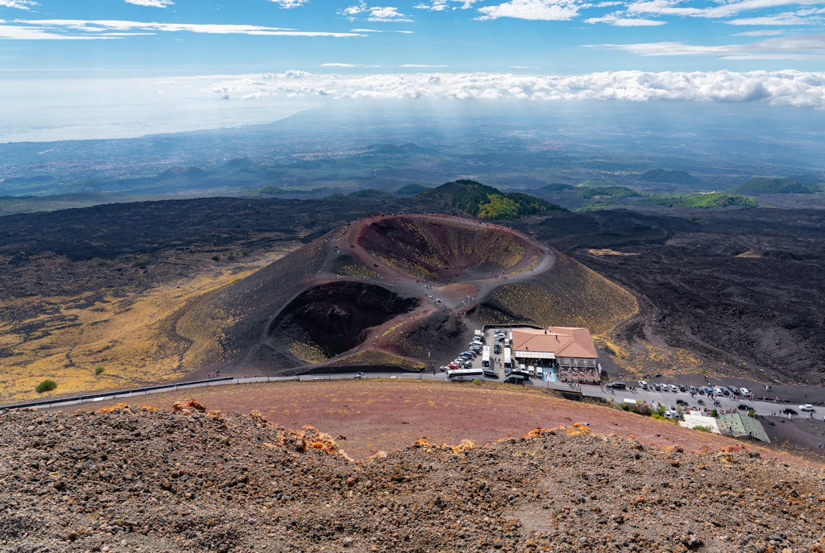 Aerial view of Mount Etna summit craters showing the volcanic activity zones