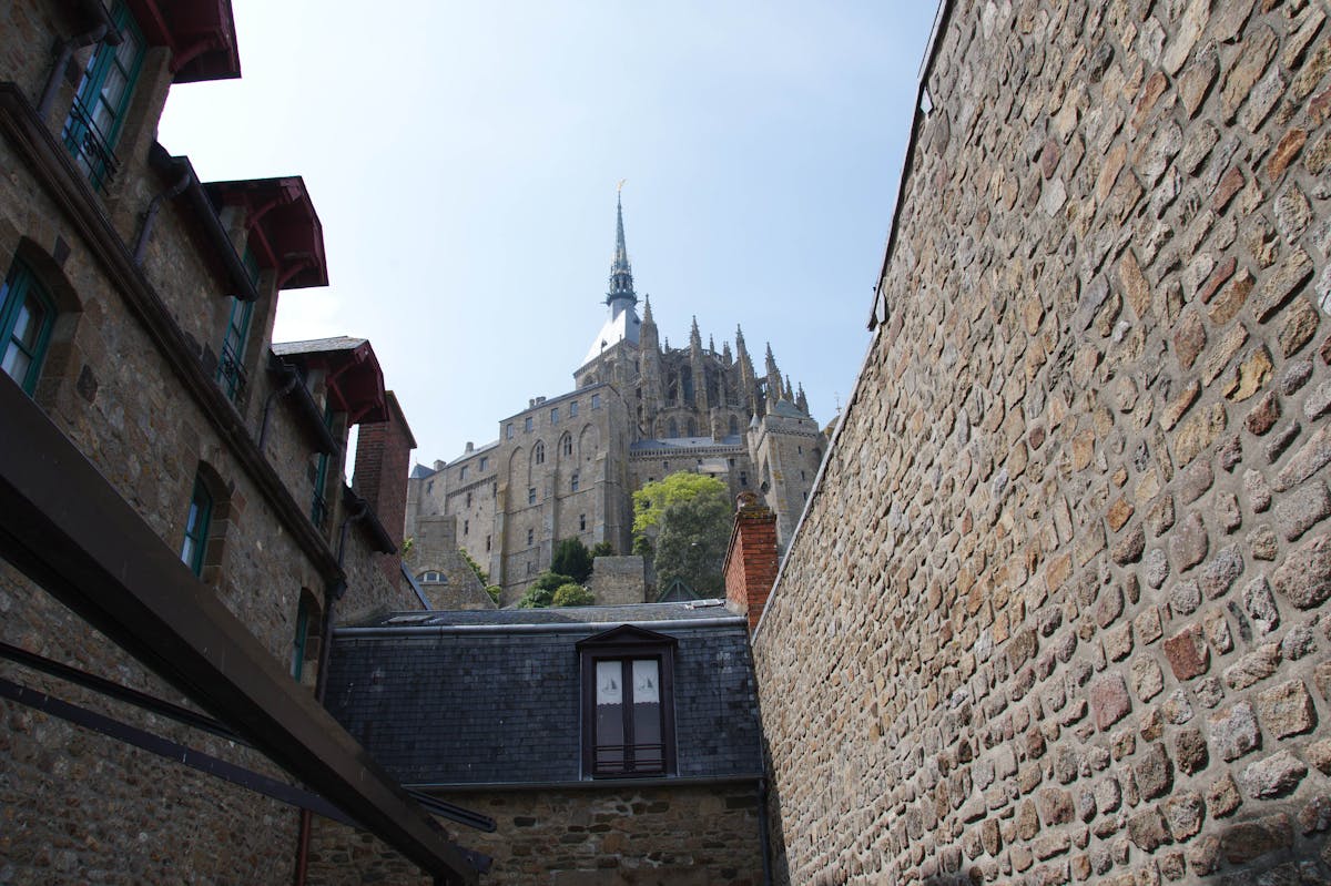 Stone walls and ramparts of the Mont Saint-Michel Abbey