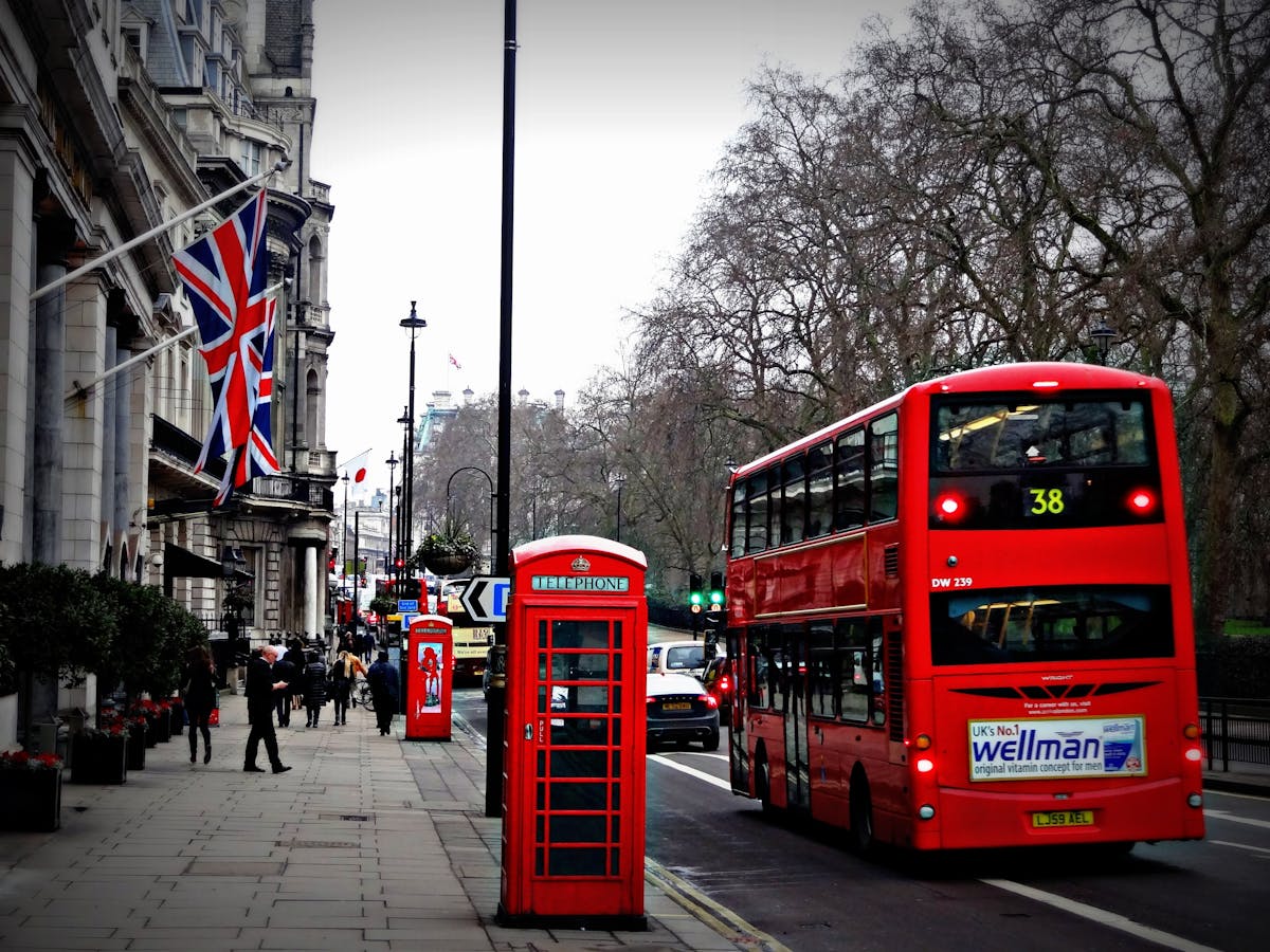 Classic London street scene with red double-decker bus and phone booth
