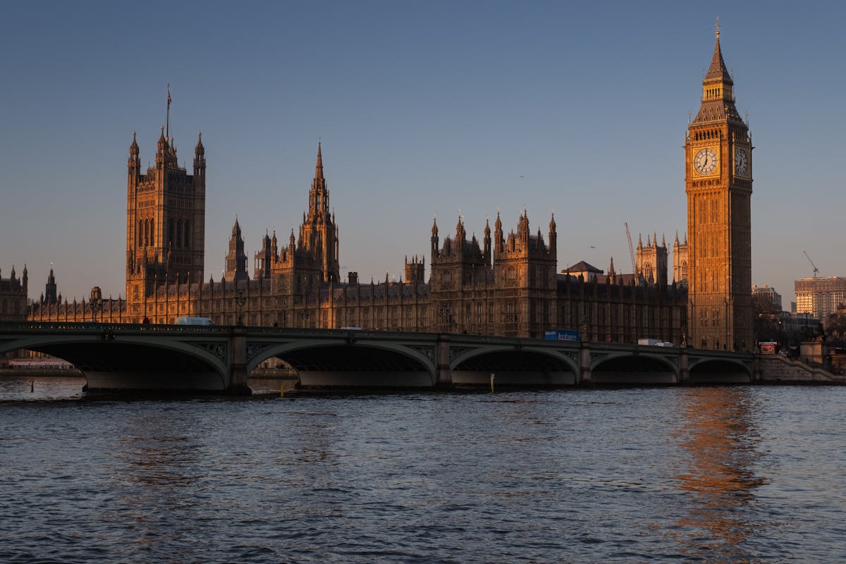 Big Ben and Houses of Parliament at sunset with Thames reflections