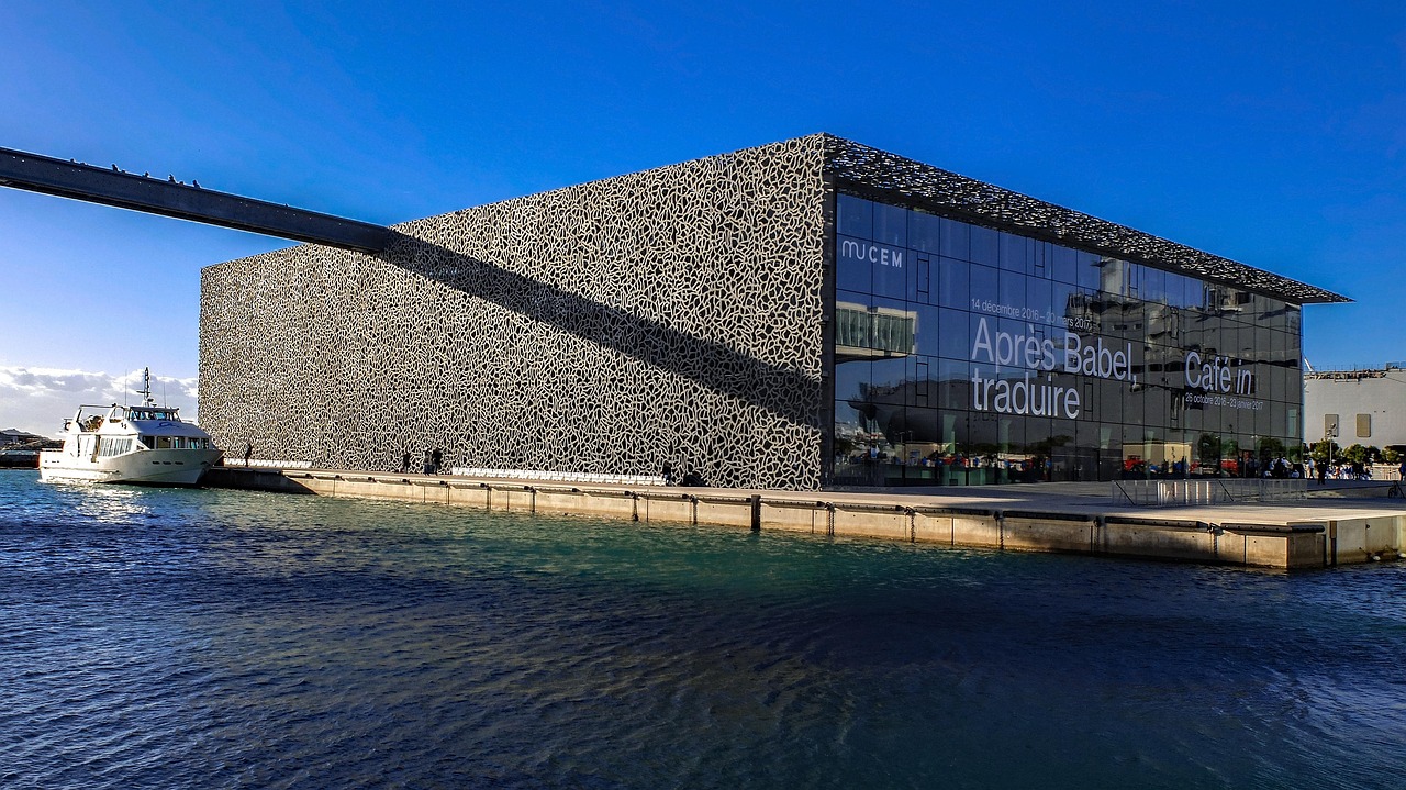 MuCEM museum with concrete lattice architecture and Mediterranean Sea views